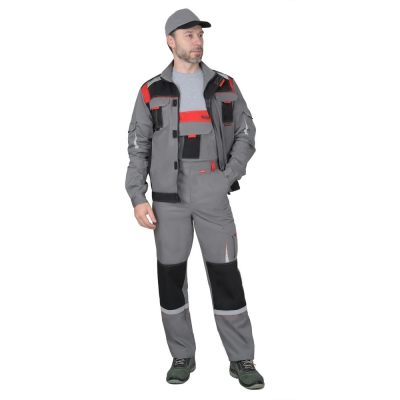 Костюм СИРИУС-СТАН куртка, п/к ср.серый с черной и красной отделкой