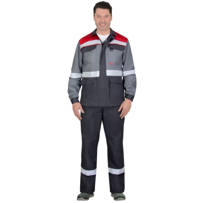 Костюм СИРИУС-ПАРИТЕТ куртка удлиненная, брюки, темно-серый со средне-серым, красным и СОП