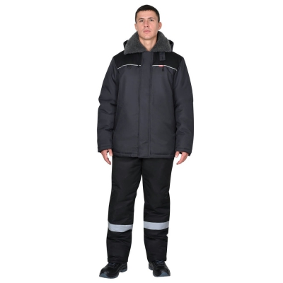 Куртка СИРИУС-МАСТЕР-М зимняя, муж. с мех. воротником и капюшоном, тёмно-серая с черым и СВ кантом
