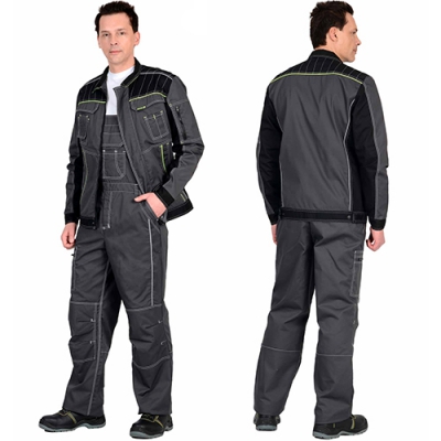 Костюм Престиж серый с зеленой отделкой, куртка, полукомбинезон