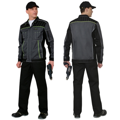 Костюм Престиж серый с черным, зеленая отделка, куртка, брюки